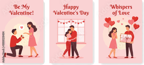 Flat lay of three Valentine's Day greeting cards with romantic illustrations and messages on a pink background.