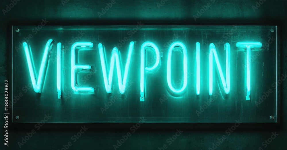 Obraz premium Bright neon sign displays VIEWPOINT. Dark background emphasizes glowing turquoise lettering. Simple, direct message.
