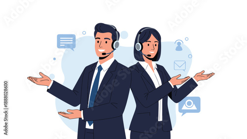 Professional male and female customer service representatives wearing headsets and gesturing to welcome and assist.