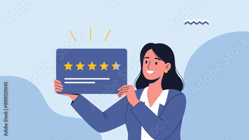 Smiling businesswoman in a blue suit holding a dark blue card displaying a high rating of four and a half stars.