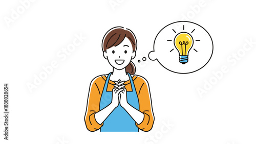 Happy young woman in an orange shirt and blue apron having a great creative idea represented by a lightbulb in a bubble.