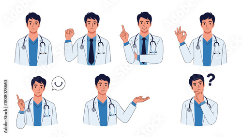 Collection of male doctor character poses in a white lab coat showing various medical actions and professional gestures.