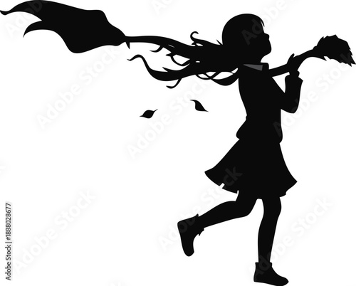 Silhouette Of A Girl Wearing A Scarf Blowing In Wind