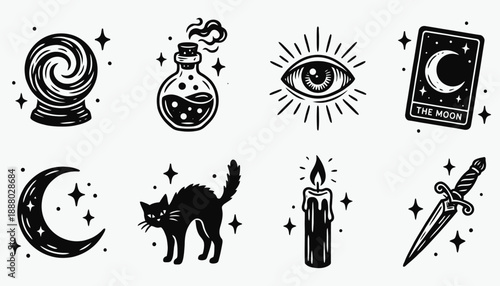 Celestial and Magic Objects: Crystal Ball, Tarot, and Black Cat Illustrations