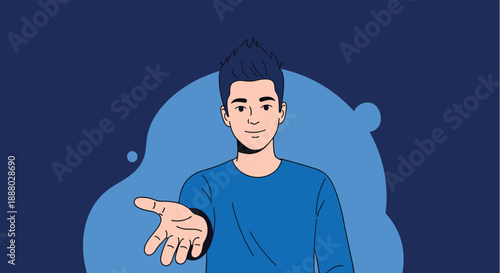 Young man with dark spiky hair reaching out his hand towards the viewer in a friendly gesture against blue background.