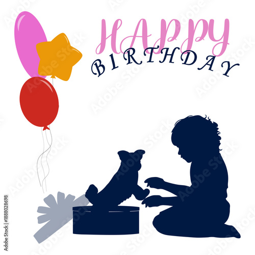 Happy birthday. Children silhouettes, a little girl with a puppy. Vector illustration.	
