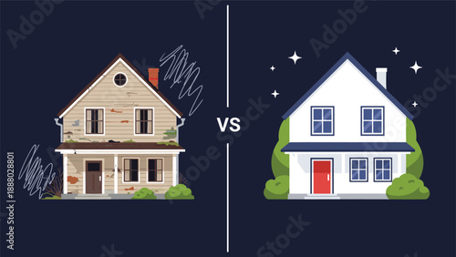 Visual comparison of a dilapidated old wooden house next to a newly renovated white home with a bright red door and green bushes.