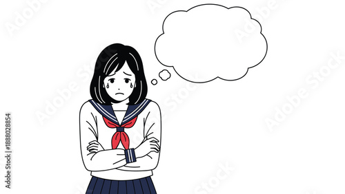 Sad teenage girl in a school uniform looking down with tears in her eyes and an empty thought bubble above her head.