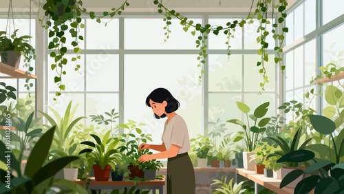 Woman tending plants in greenhouse