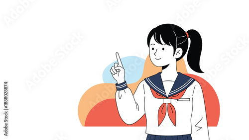 Happy Japanese schoolgirl in a sailor style uniform pointing her finger upwards while standing against a simple abstract background.