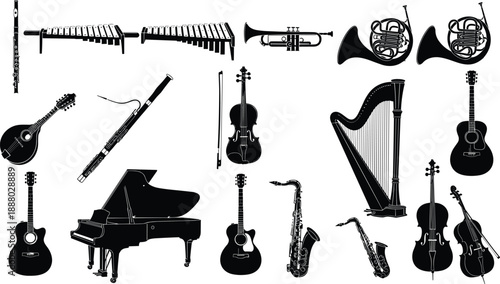 musical, instrument, icon, silhouette, black, white, illustration, vector, design, symbol, flute, trumpet, violin, piano, harp, guitar, cello, xylophone, saxophone, mandolin