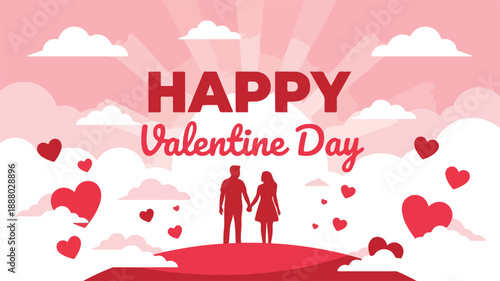 A romantic Valentine's Day graphic illustration featuring a couple standing together on a hill with hearts and clouds in a pink and white sky.