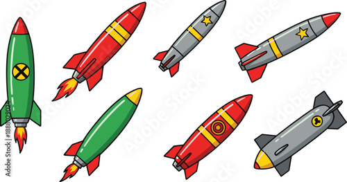 Set of cartoon rocket missiles vector illustration, colorful space projectiles collection for military and sci fi design