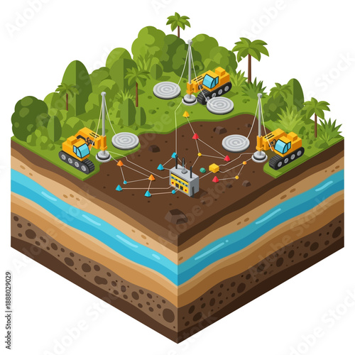 Isometric illustration of a drilling operation with underground layers.