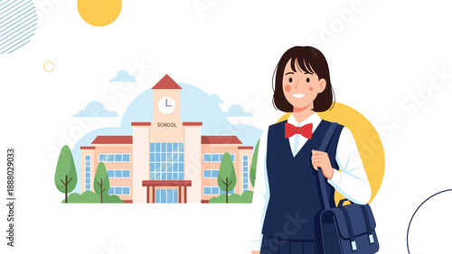 Happy schoolgirl in a navy blue uniform standing in front of her school building on a bright sunny day for learning.