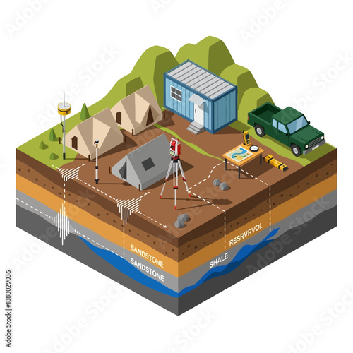 Isometric illustration of a geological survey camp with equipment.