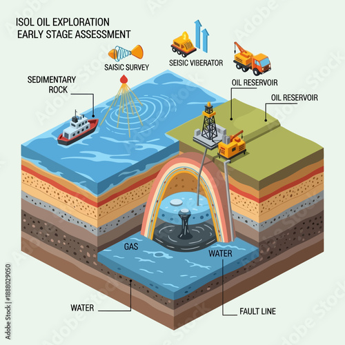 Isometric illustration of early stage oil exploration and assessment.