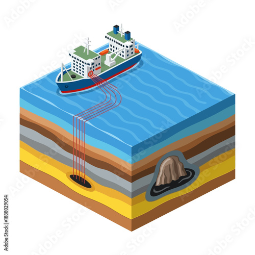 Isometric illustration of a ship conducting seismic survey for oil and gas exploration.