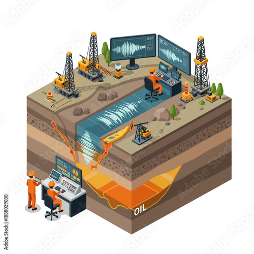Isometric illustration of oil and gas exploration with drilling rigs and underground layers.