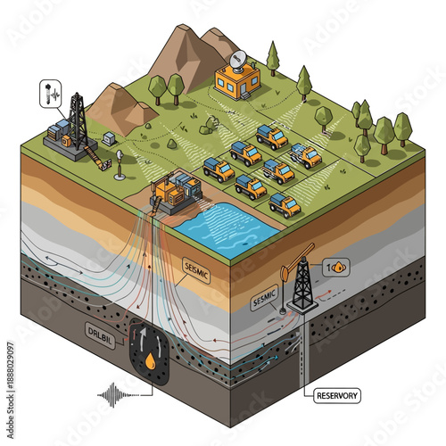 Isometric illustration of hydraulic fracturing process and natural gas extraction.