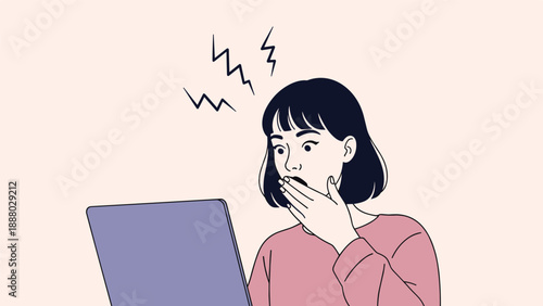 Surprised woman looking at a laptop screen with a hand over her mouth while witnessing amazing online results.