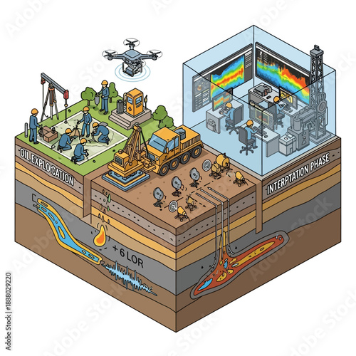 Oil and Gas Exploration and Production Process Isometric View.