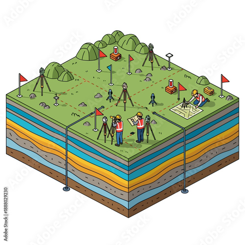 Isometric view of land surveying with geological layers.