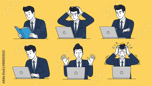 Collection of various poses of a businessman working at his laptop reflecting diverse emotional reactions to work tasks.