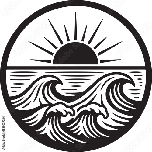 Sun and ocean waves in a circular design capturing the essence of a serene beach view