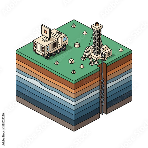 Isometric view of oil and gas exploration and drilling operations.