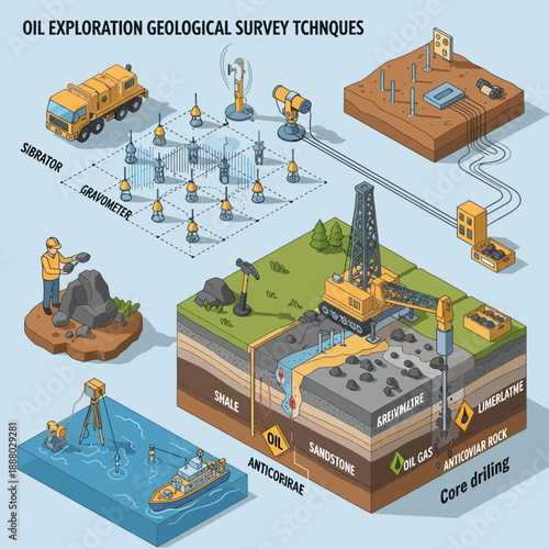 Oil Exploration Geological Survey Techniques Isometric Infographic.