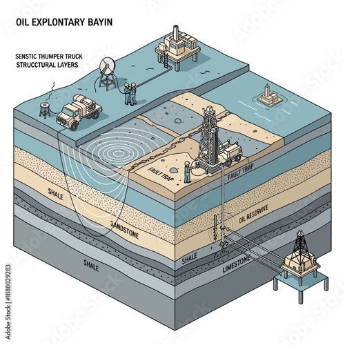Oil Exploratory Basin with Seismic Thumper Truck and Drilling Rig.