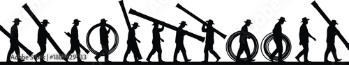 Pipe, cable, carrying, silhouette, posture, gesture, coil, cylinder, hat, boot, labor, walk, setup, manual, rural, tradition, motion, vector, black, pose, flavector