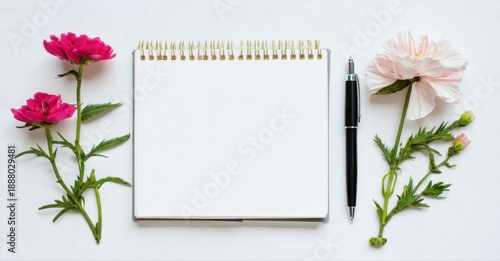 Open notebook, pen, flowers present. Minimalist composition, flat lay style. Clean white background, simple aesthetic. Ideal for journaling, notes.