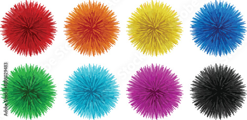 Set of colorful abstract fluffy pompom shapes vector illustration, decorative burst spheres for festive design backgrounds and decorations