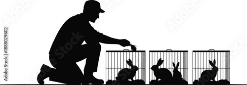 Rabbit, feeding, cage, silhouette, posture, gesture, hay, grass, care, kneel, animal, farm, rural, livestock, setup, vector, black, pose, maintenance, flavector