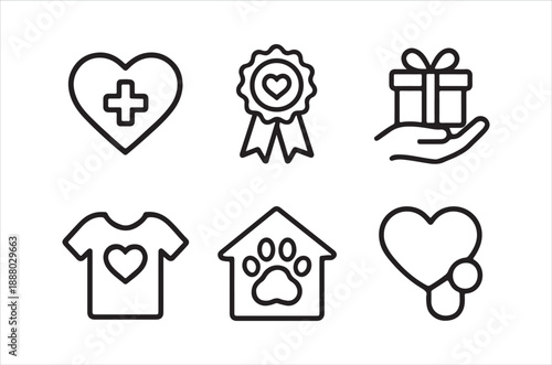A collection of simple line icons representing care charity and support