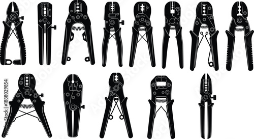 Wire stripper pliers set silhouette, electrician hand tools collection, black vector illustration isolated on white background for industry design