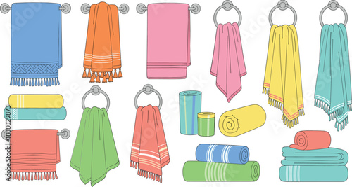 Set of colorful bathroom towels vector illustration, folded and hanging textile collection for hygiene and spa design