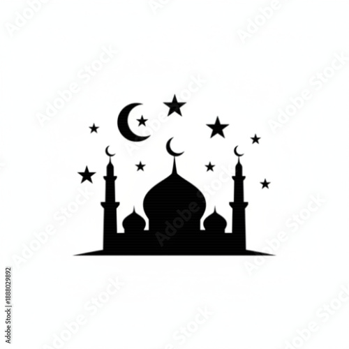 Mosque Silhouette Crescent Moon and Stars Night Scene Design