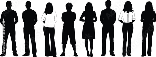 Business people standing silhouette group, professional team lineup, men and women corporate characters black vector illustration isolated