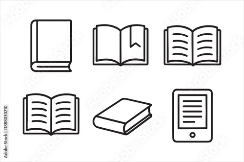 Simple black and white line icons depicting various books and an ebook