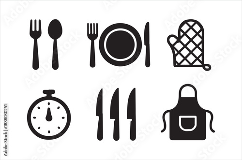 Black and white kitchen utensils and cooking tools flat vector icons set