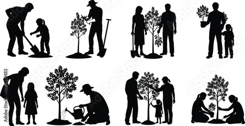 Family tree planting silhouette set, parents and children gardening together, environmental care concept, black vector illustration collection