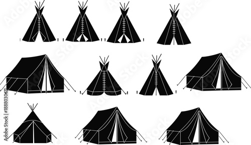 Traditional tribal tents and teepee silhouettes collection, native camping shelters, outdoor nomadic dwellings, historical culture symbols isolated on white background illustration set