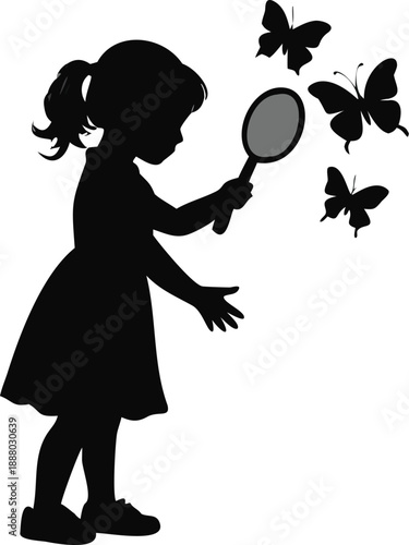 Girl Looking At A Butterfly Through A Magnifying Glass Silhouette
