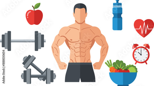 Fitness and healthy lifestyle illustration featuring muscular male body, workout equipment, nutrition food icons, hydration, heart health and training symbols in flat vector style