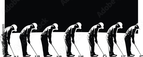 Golfer putting sequence silhouette, professional golf swing motion steps, sports training concept, black and white vector illustration