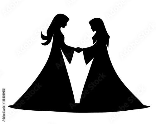 Black silhouette of two women shaking hands, icon of apologizing on Eid, simple design, vector illustration