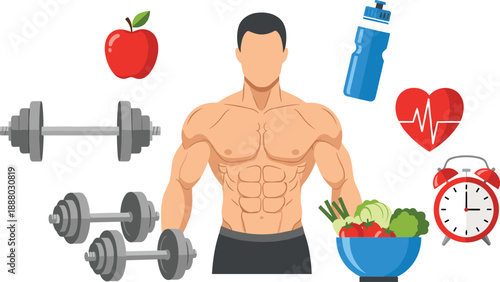 Fitness and healthy lifestyle vector illustration featuring muscular man, workout equipment, nutrition food, hydration, heart health and time management concept isolated on white background